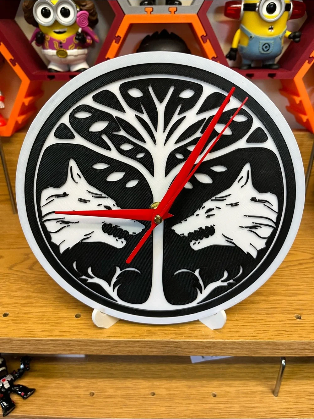 Black and White Wolf Tree Wall Clock with Red Hands